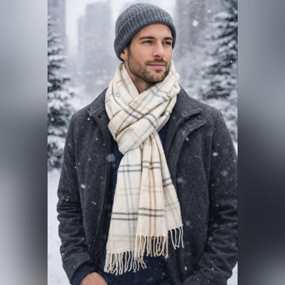 Plaid White and Tan Scarf With Fringe Edge #1760